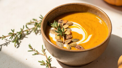 Delicious bowl of pumpkin soup with cream swirl and toasted pumpkin seeds