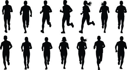 PrintRunners silhouette collection, black vector people running, male and female joggers set, sport icons isolated on white background, fitness concept. © Rakib 