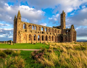 Ancient sandstone ruins stand under a bright blue sky dotted with white clouds, capturing the golden hour's light