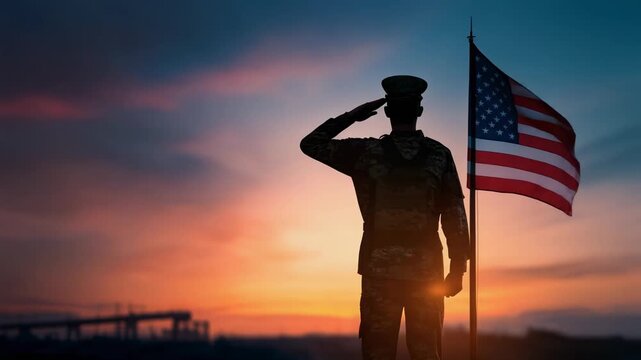 Silhouette of a soldier saluting under a vibrant sunset with an American flag