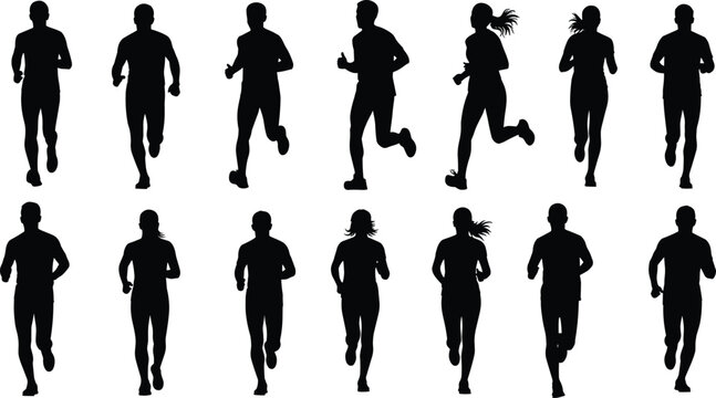 PrintRunners silhouette collection, black vector people running, male and female joggers set, sport icons isolated on white background, fitness concept.