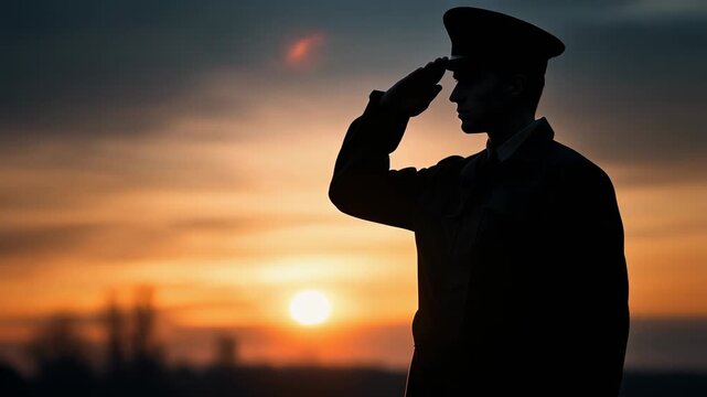Silhouette of a soldier saluting at sunset, symbolizing honor and respect in military service