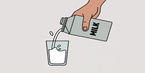 Hand Pouring Fresh Milk from Carton into Glass Vector Illustration: Healthy Dairy Beverage Preparation Concept for Breakfast, Calcium Nutrition, Food Packaging, and Diet Graphic Design Projects