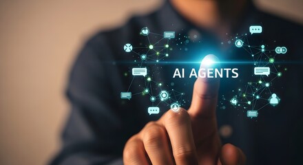 Person touching ai agents network with glowing icons and futuristic interface