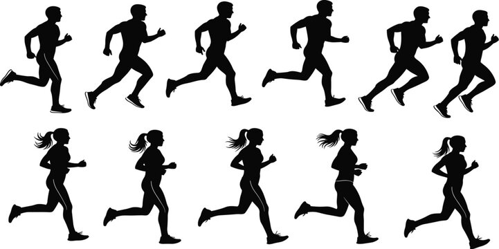 PrintRunning man and woman silhouette collection, side view joggers set, sport fitness motion sequence vector illustration isolated on white background.