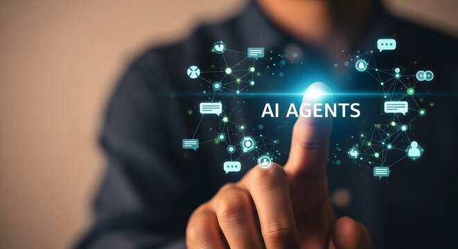 Person touching ai agents network with glowing icons and futuristic interface