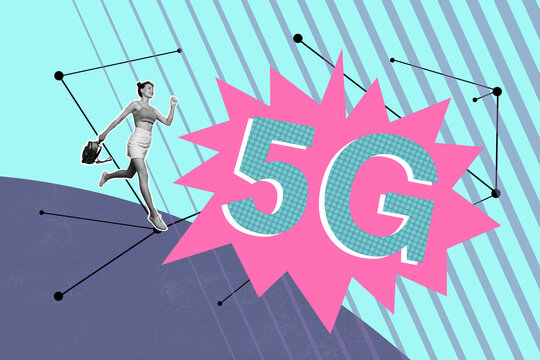 Full image pop contemporary photo collage of happy girl run 5g letters cyber technology wlan innovation fast internet connection - Powered by Adobe