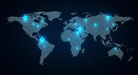 Digital world map composed of binary code, with glowing blue lock icons indicating secure locations and global connectivity