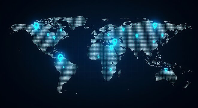 Digital world map composed of binary code, with glowing blue lock icons indicating secure locations and global connectivity