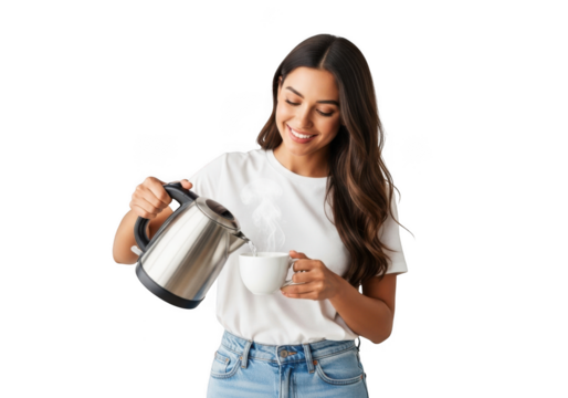 Young woman with long dark hair wearing a white t shirt and blue jeans pouring liquid from a metal kettle into a white mug isolated on transparent background