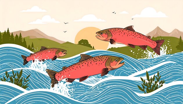 Cartoon illustration featuring four salmon leaping out of a river, with mountains, trees, sun, and clouds