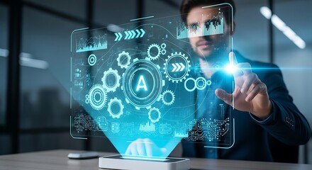 Businessman interacting with a futuristic holographic interface displaying artificial intelligence and data analytics