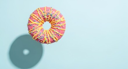 A vibrant pink frosted donut with yellow drizzle and colorful sprinkles levitating above a light blue background, casting a distinct shadow