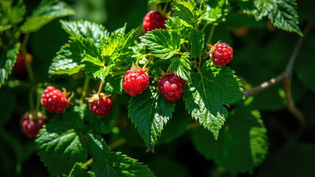 Close-up of ripe red raspberries growing on a bush in the garden