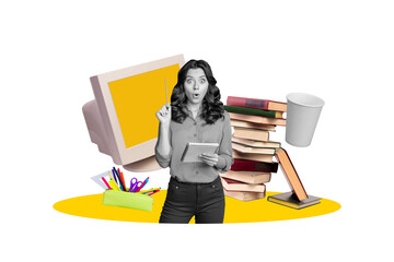3d pop image full art collage of happy manager girl stand pc monitor book stack pencil-case supplies education geek leaner