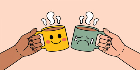Cartoon Hands Toasting Happy and Sad Coffee Mugs Vector Illustration: Emotional Support and Friendship Concept Art Featuring Steaming Hot Drinks for Mental Health, Mood Contrast, and Empathy Designs