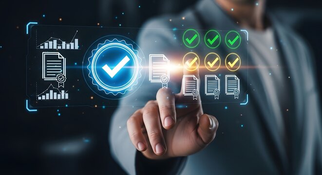 Business professional interacting with a futuristic digital interface showing successful task completion and data analysis