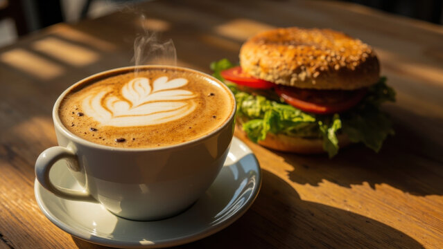 Delicious latte with a bagel sandwich on a wooden table in natural light