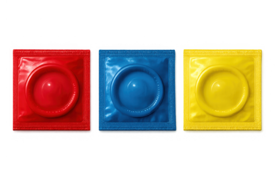 Three colorful condoms in individual foil packets, red, blue, and yellow, representing safe sex and contraception - Powered by Adobe