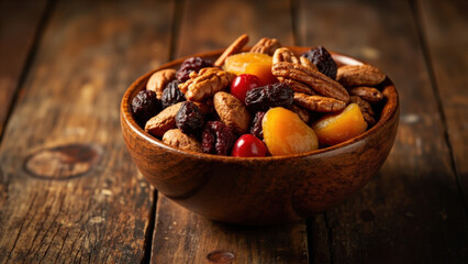 Delicious bowl of mixed nuts and dried fruits on a rustic wooden table