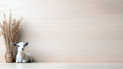 A small, white lamb rests peacefully beside a bundle of dried wheat stalks on a light wooden surface.