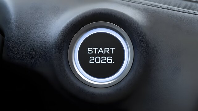 Illuminated start button labeled “Start 2026” in modern car dashboard, symbolizing new beginnings, futuristic automotive technology, and innovation for the next generation of vehicles
