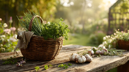 Cozy countryside garden scene with woven basket and fresh herbs for rustic decor