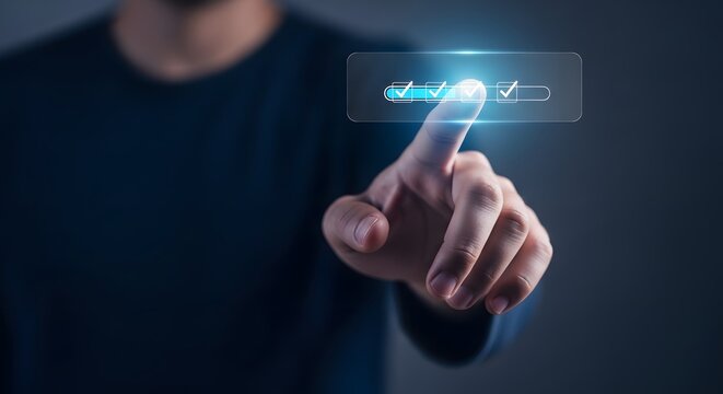 Man s finger touching futuristic holographic display with financial chart