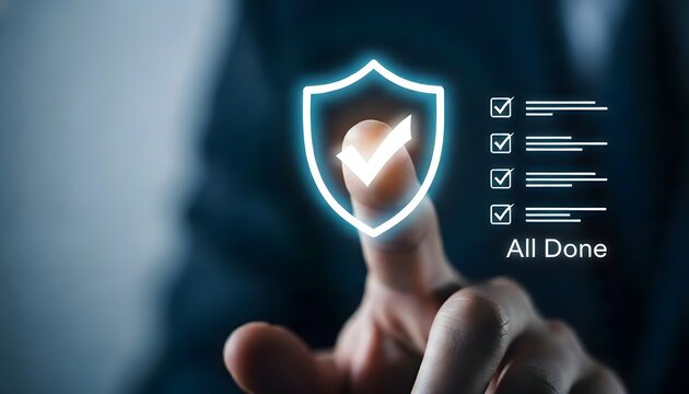 Fingerprint scanning a glowing shield with checklist and ai done text