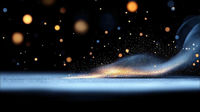 A dark background with glowing golden particles and wisps of blue smoke creating a magical and ethereal effect.