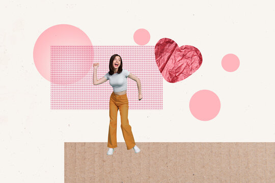 3d trend banner composite collage of happy girl dance weekend chill celebration valentine day occasion like reaction blogging