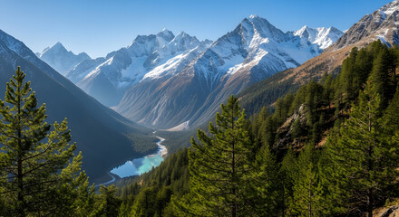 A scenic view of snow capped mountains with a lake and green trees under a clear blue sky day light