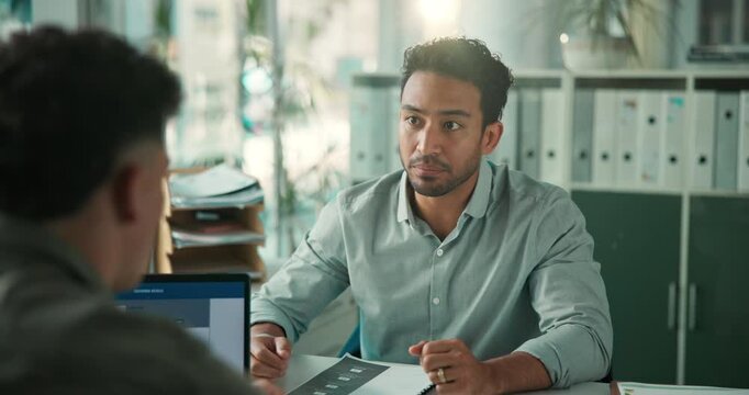 Manager, men and discussion in meeting at workplace, performance review and file for employee evaluation. Communication, talk and business people at desk for feedback, advice or supervisor critique