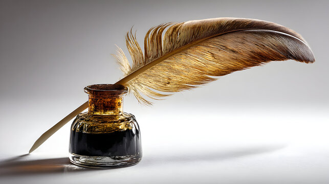 Vintage writing quill with ink jar for historical or literary design elements