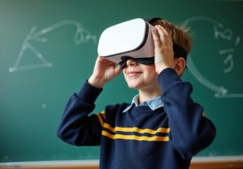 Young student in navy uniform uses a VR headset in front of a green chalkboard, immersive modern classroom technology experience.  