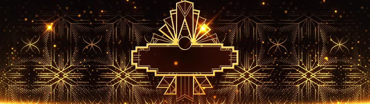 Golden Art Deco Frame and Geometric Pattern Background with Glittering Particles
