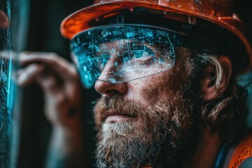 Smart construction worker with futuristic augmented reality glasses
