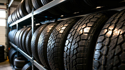 New tires on shelves, ready for installation, promising safe driving and reliable performance for your vehicle maintenance needs now