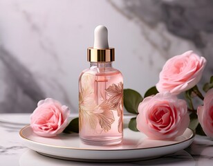 a rose patterned glass dropper bottle with rose gold cap rests on a white plate against a marble backdrop