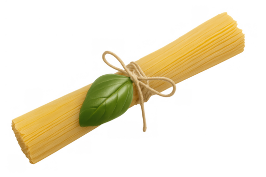 Uncooked spaghetti pasta bundle tied with twine and fresh basil leaf, preparing traditional italian food as a main ingredient