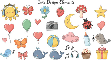 Cute cartoon design elements including sun, moon, animals, hearts, flowers, gifts, and music icons - flat vector illustration