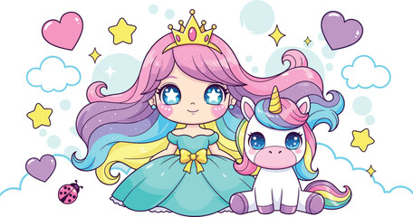 Cute cartoon girl with rainbow unicorn, magical fantasy scene with hearts, stars, clouds and crown, flat vector illustration