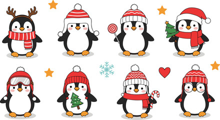 Cute cartoon penguins in Christmas and winter outfits, festive holiday characters for kids decor and greeting cards, flat vector illustration