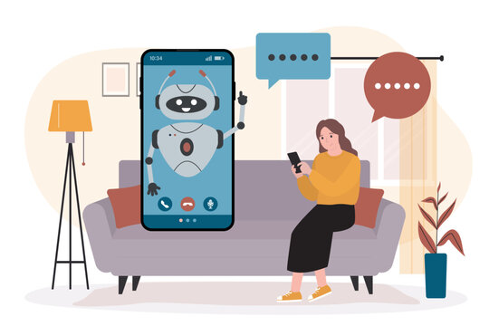 Woman user with mobile phone for consultations while sitting on couch at home. Artificial intelligence technology. Online chat, searching answers. - Powered by Adobe