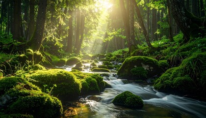 Forest Stream Flowing Between Moss-Covered Stones with Dappled Sunlight
