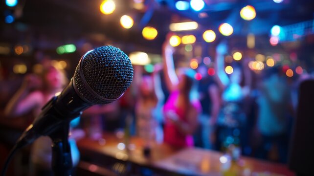 Microphone center stage at lively concert venue. AI image