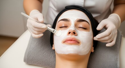 Woman receiving professional facial treatment with white mask applied by esthetician using a brush, relaxing skincare session focused on beauty, rejuvenation, wellness, and luxury spa experience