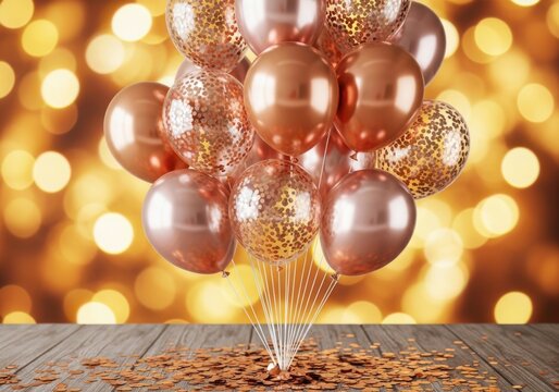 A bouquet of rose gold balloons with confetti, floating above a wooden table with scattered confetti, against a bokeh background of warm lights - Powered by Adobe