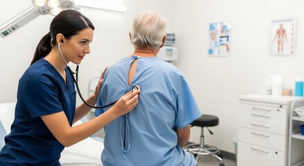 Nurse using a stethoscope to listen to the back of an elderly patient during a medical examination in a bright clinic, healthcare concept illustrating professional care, diagnosis, wellness