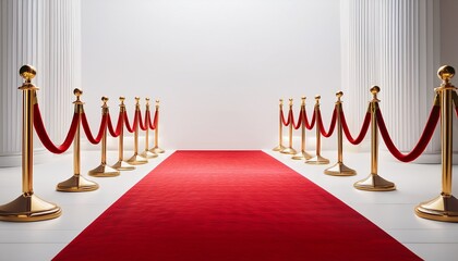 a minimalist image depicts a stark white wall a red carpet runner and gold stanchions with velvet ropes creating a formal potentially exclusive entryway